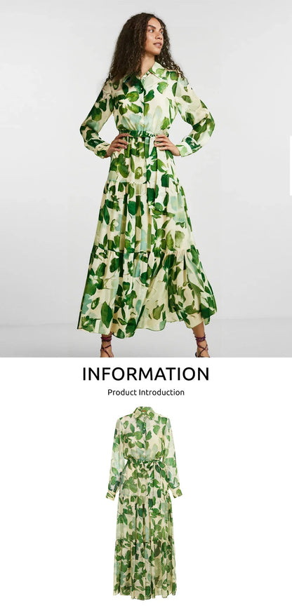 Women's Dress 2025 Spring New Long Sleeve Collar Green Flower Vacation