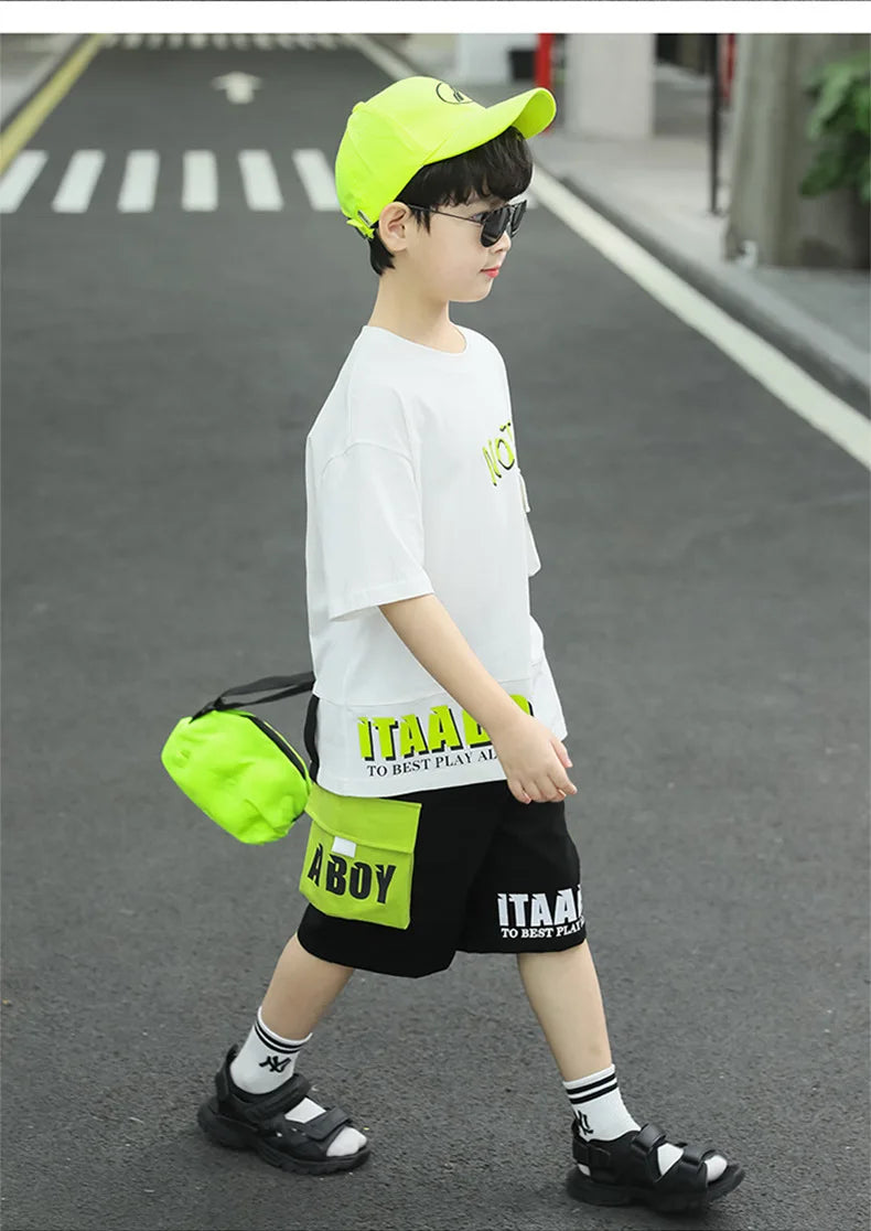 Kpop Boys Clothes Sets 2026 Summer Teen Kids Fashion Letter Print Short Sleeve T-shirt+Shorts 2Pcs Children Tracksuit Outfits