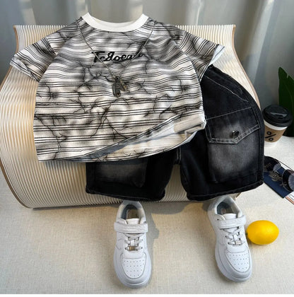 Korean Children's Summer Clothes Kids Set Outfits Boys 2026 Handsome Sleeveless&Short Sleeved T-shirt Denim Shorts 2-piece Set