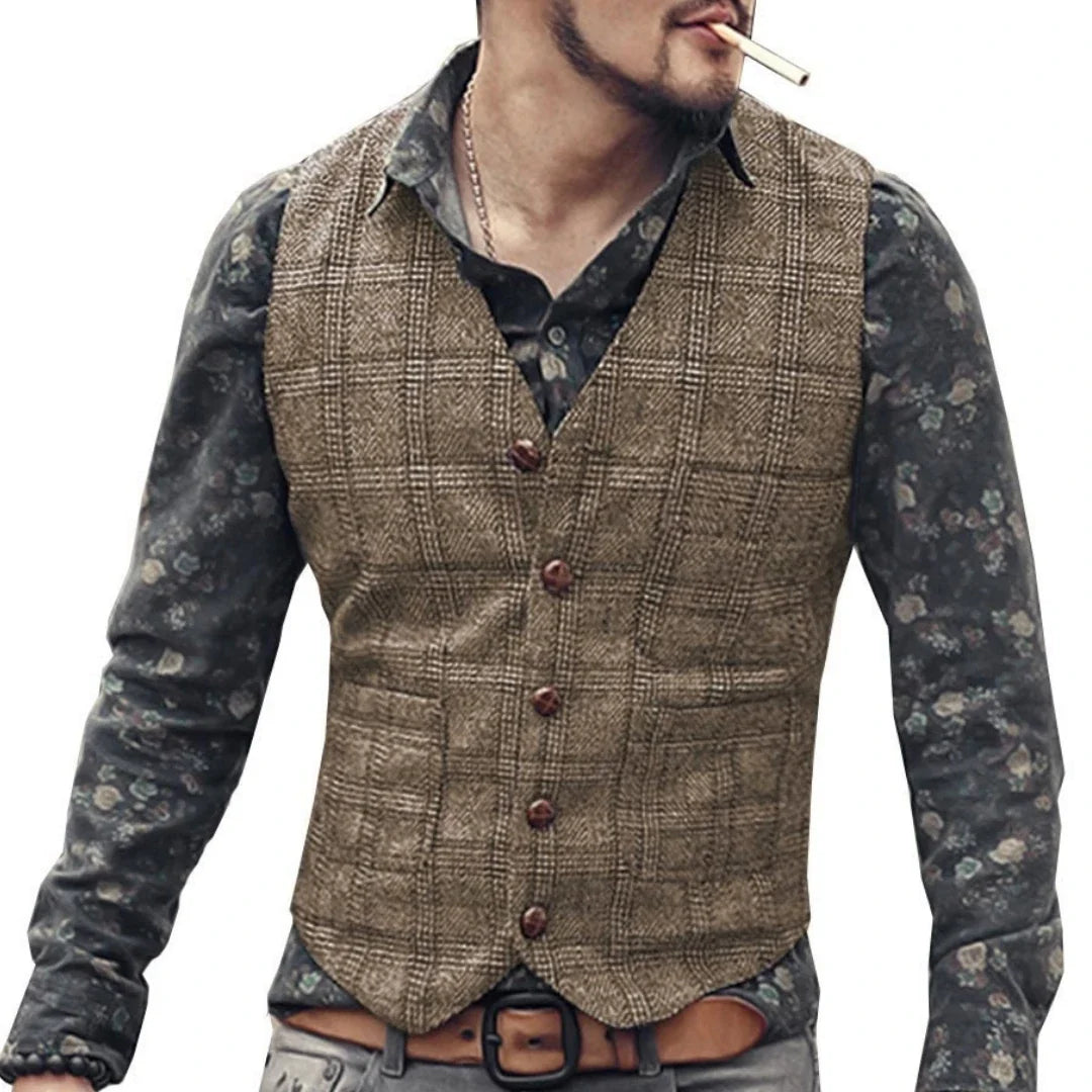 Men Vest Gray Checkered Single Button V Neck Waistcoat For Wedding Party Prom Business Work Office Daily Casual Men Suit Vest