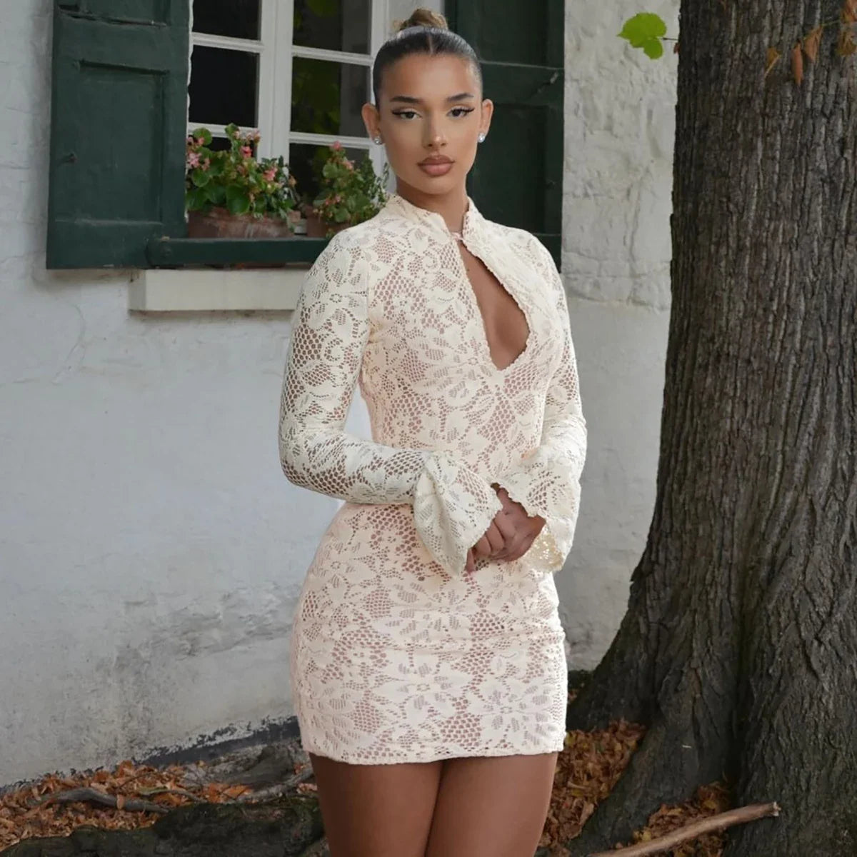 Turtleneck Long Flare Sleeve Patchwork Lace Hollow Out Button Sexy Mini Dress 2025 Spring Women Clothes Party Nightclub