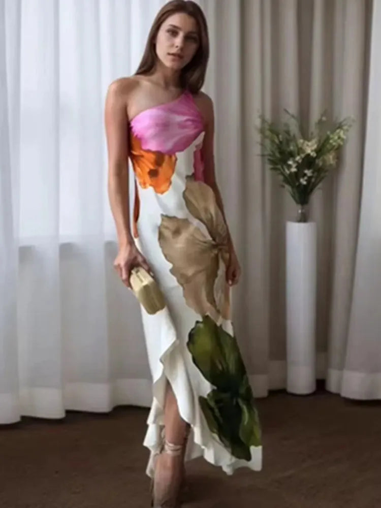 Women Sexy Single Shoulder Floral Print Slim Long Dress Female Chic Backless Side Zipper Brand Party Vestidos DS9198