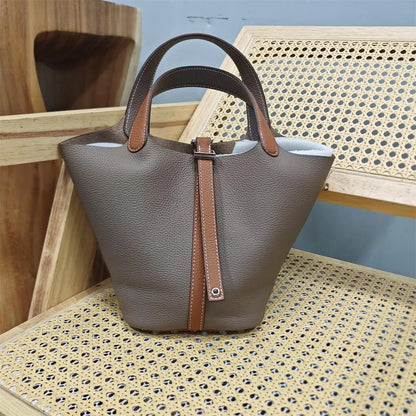 Top Layer Cowhide Leather Handbag European Sle Buet Bag Fre Vegetable Basket Ladies Handbag Soft Handle Casual Faion