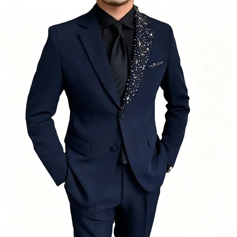 Luxury Formal Wedding Tuxedo with Beads Details 2 Pieces Slim Fit Men Suits for Groom Prom Party Blazer Jacket Pants Set Outfit