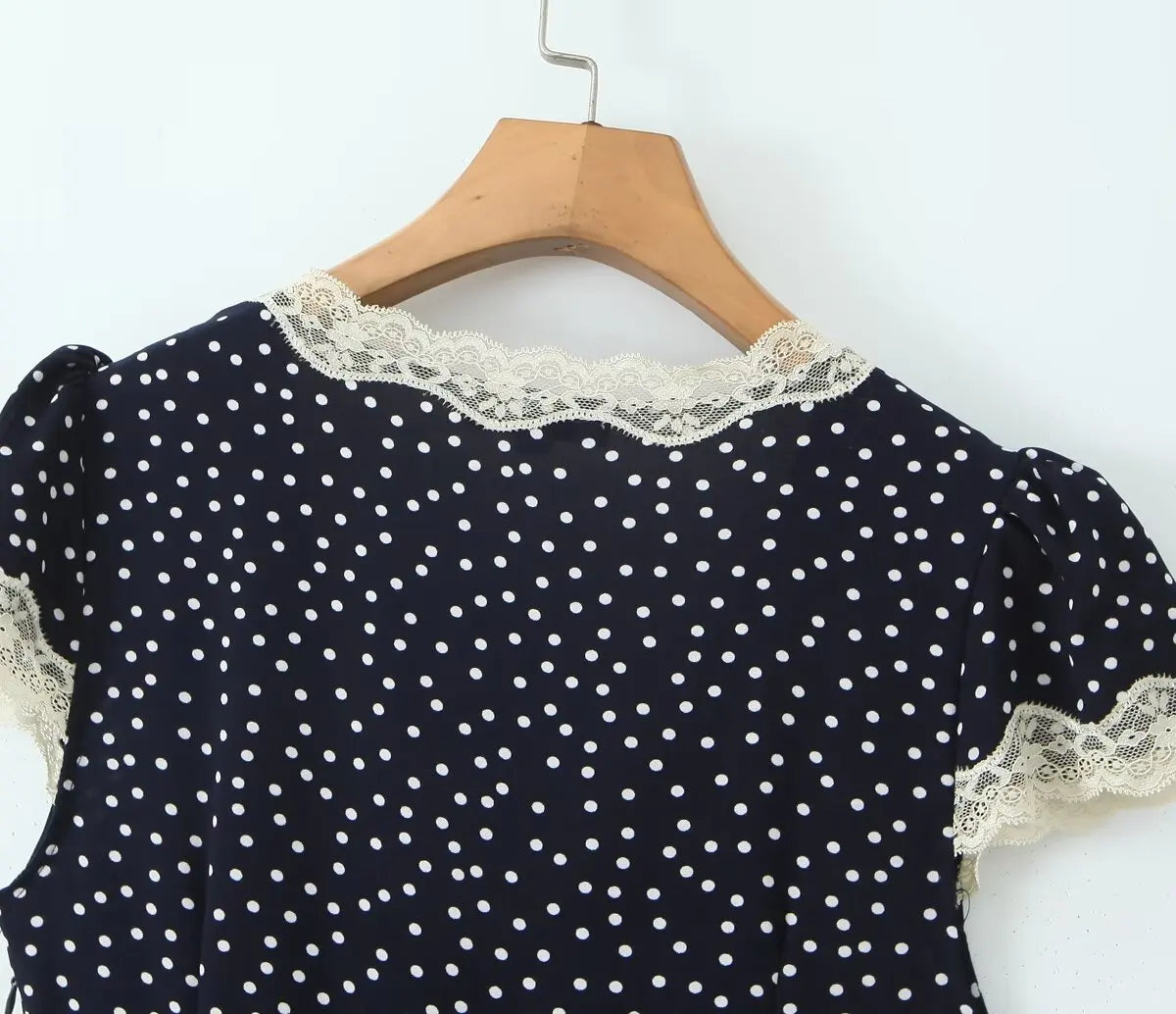 2025 Women Navy Blue Polka Dot Long Dress Lace Trim V Neck Short Sleeve A-line Elegant Holiday Dresses Summe Maxi Robe