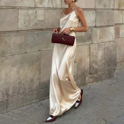 Women's Satin Champagne Dress Sleeveless Sexy Backless Evening Dresses Guest Elegant Bridesmaid Long Evening Gown