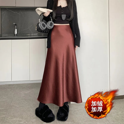New Autumn Winter Solid Satin Silk Mermaid Skirt Women Fashion High Waist Office Ladies Work Warmth Party Long Maxi Skirt
