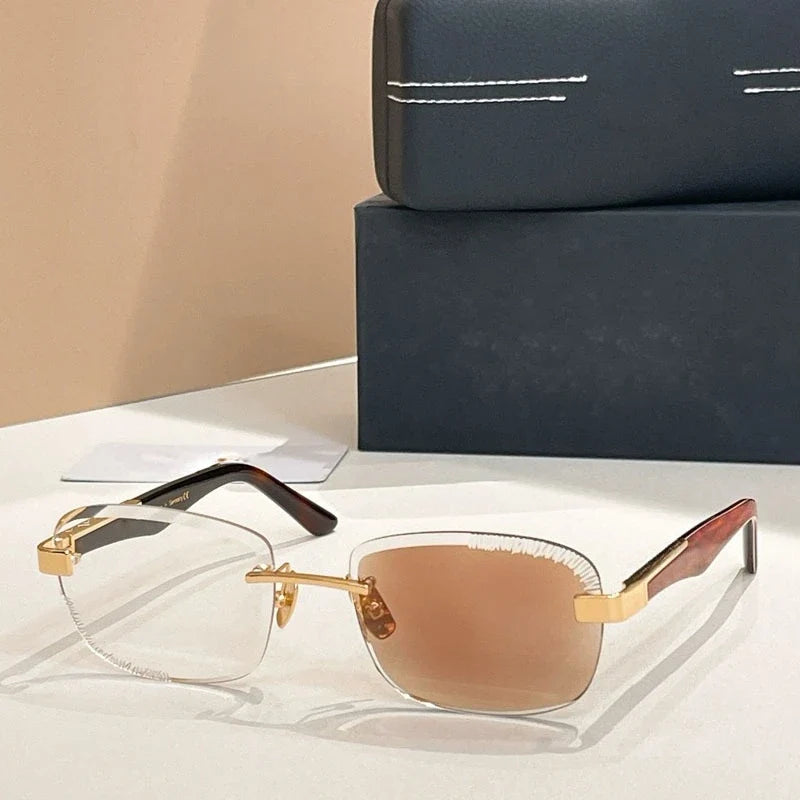 Rimless Sunglasse Men Alloy Square Diamond Cut Germany Trendy High Quality UV400 Classical Vintage Glasses with Case