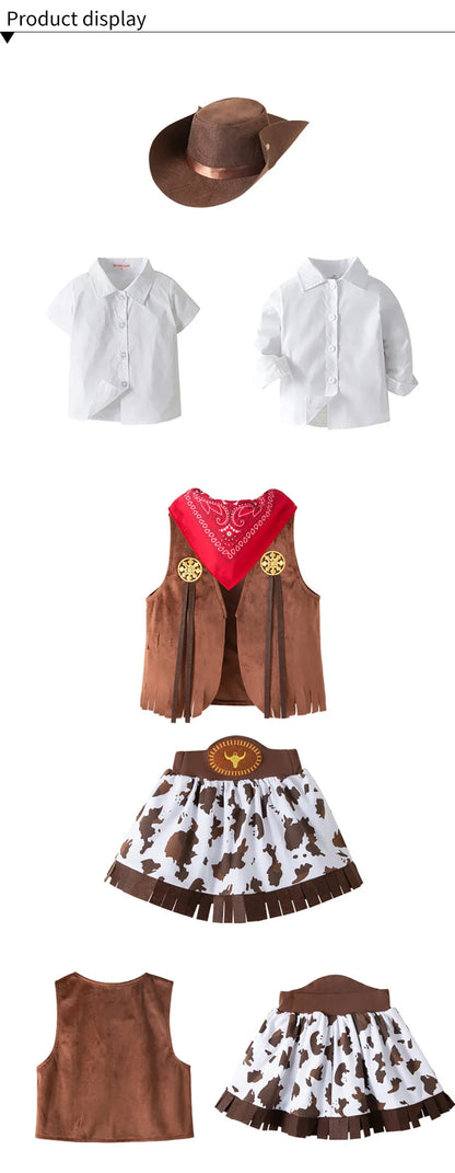 4/5 Pcs Set Girls Cowboy Role Play Skirt Clothes Vest Set Skirt Sets Kids Spring Autumn Halloween Cosplay Performance Costumes