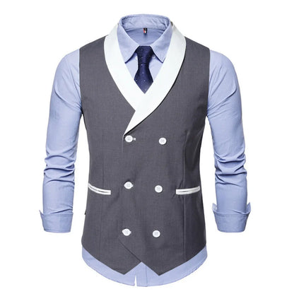 Men Vest Gray With White Lapel And Pocket Double Button Waistcoat For Wedding Birthday Banquet Business Daily Men Suit Vest