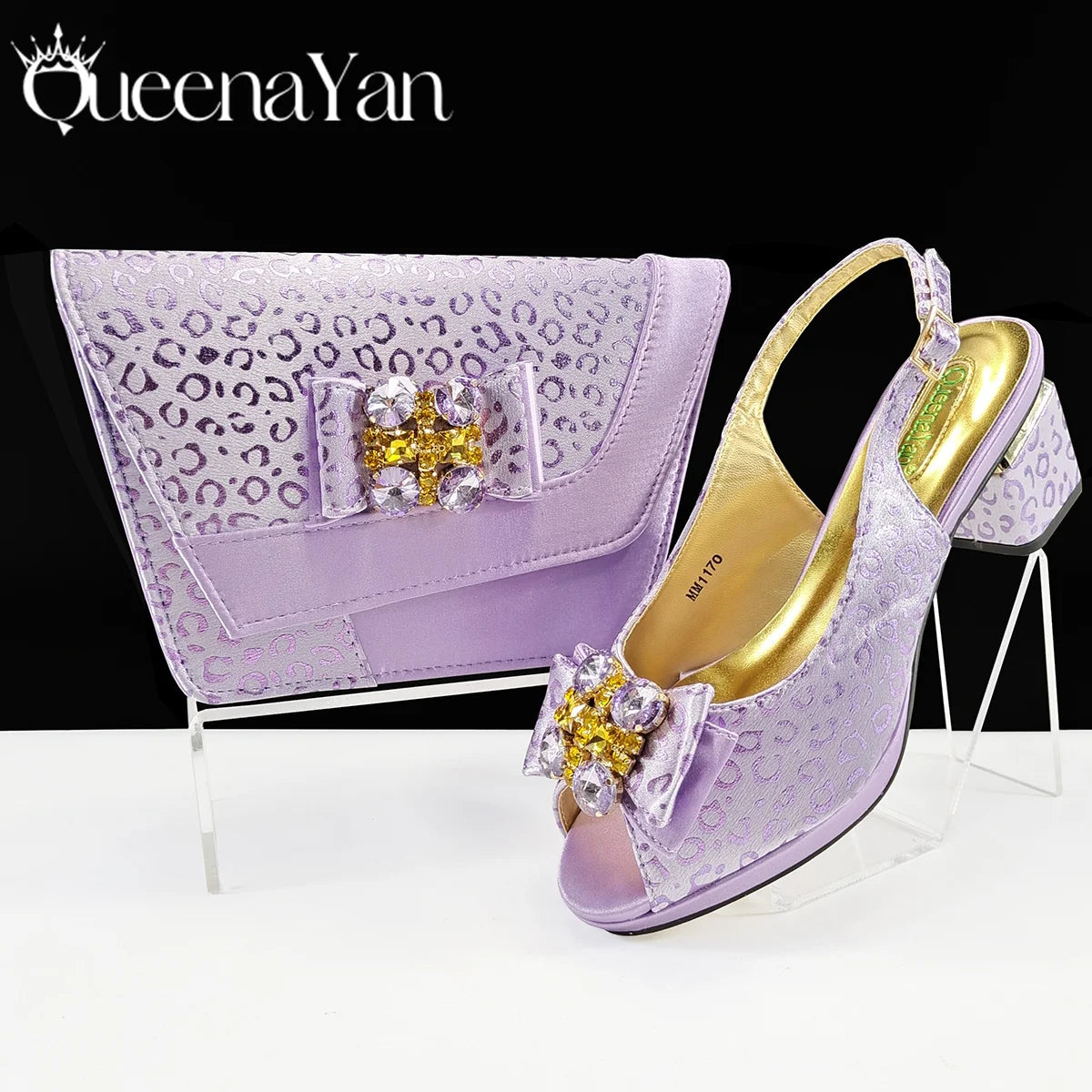 Queena Yan  2025 Shiny Italian Fashion Pointed Toe Women Heel Fashion Rhinestone Decoration Pink Color Shoes And Bag Set