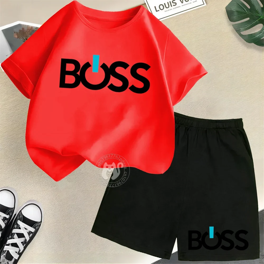 Simple letter BOSS Print Teen boys Girls street casual suit top Kids Summer  Short sleeve T-shirt + Shorts