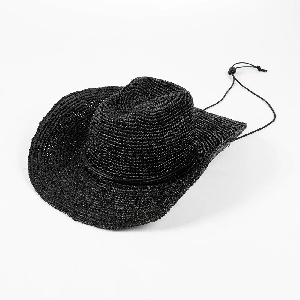 Hand-crocheted Natural Raffia Straw Cowboy Hat for Women Men Summer Wide Brim Sun Hat Outdoor Breathable Beach Caps