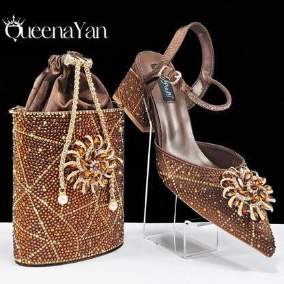 African Ladies Elegant Pointed Toe Shoes with shiny Metal Stand Bag Women Party Shoes or Commuting Shoes and Bag Set