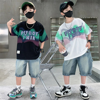 Summer Boy Denim Shorts and Top Clothes Set Outfit Kids Fashion 2-Piece Suit Korean Children Streetwear Tracksuit 5 6 7 9 10 14Y