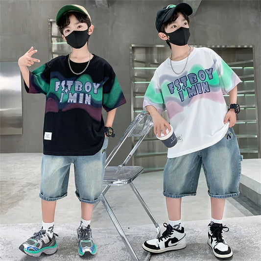 Summer Boy Denim Shorts and Top Clothes Set Outfit Kids Fashion 2-Piece Suit Korean Children Streetwear Tracksuit 5 6 7 9 10 14Y