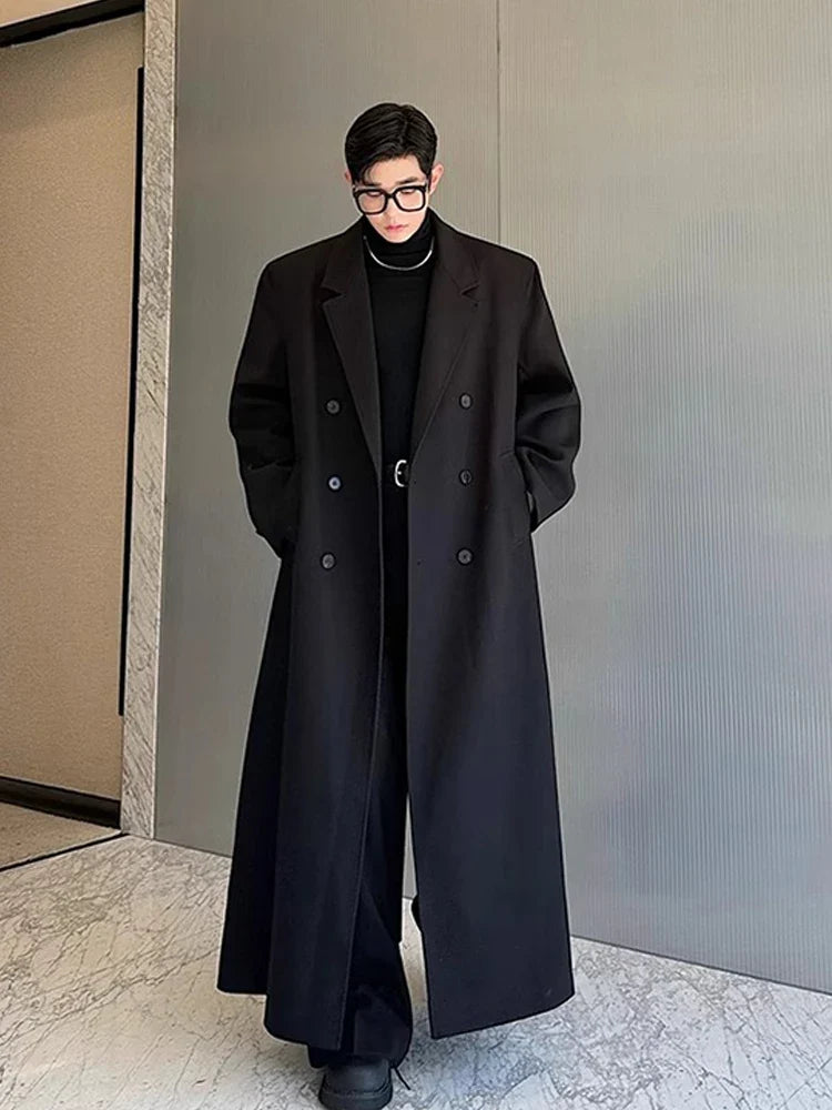 Spring Autumn Extra Logn Black Oversized Flowy Soft Trench Coat for Men with Back High Slit Loose Casual Overcoat