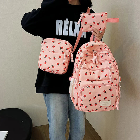 3Pcs/Set Bow Print Backpack with Crossbody Bag and Small Purse Bow Student Bookbag Simple Backpack for Elementary Middle Kids