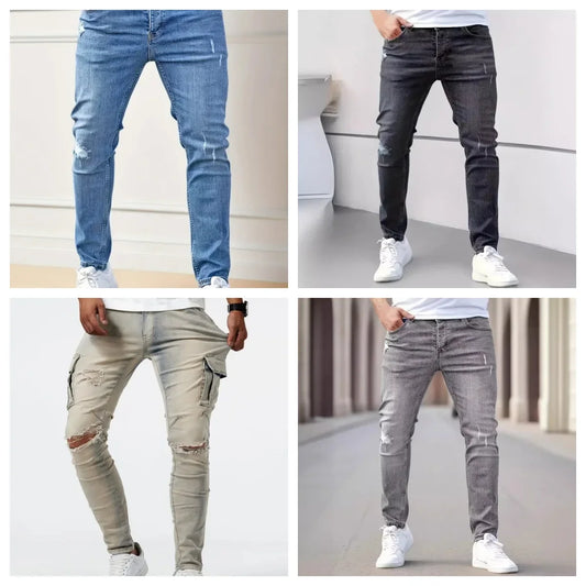 New men's jeans elastic slim fit pants street wear classic ripped cat whiskers casual jeans tight zipper denim clothing black bl