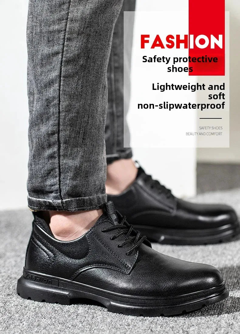 Fashion 2026 Genuine Leather Waterproof Men Safety Shoes Boots Work Sneakers Indestructible Steel Toe Nail Proof Male Footwear