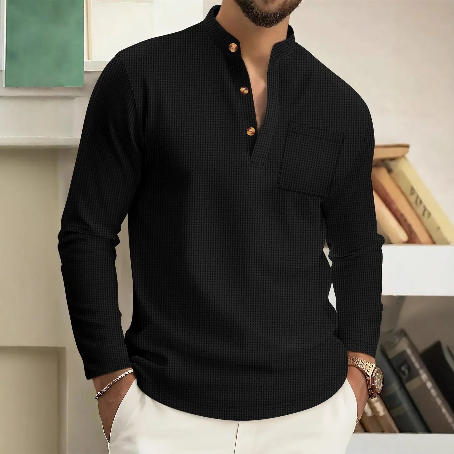 Men's casual waffle check long-sleeved shirt stand-up collar button semi-cardigan breathable and comfortable daily wear shirt