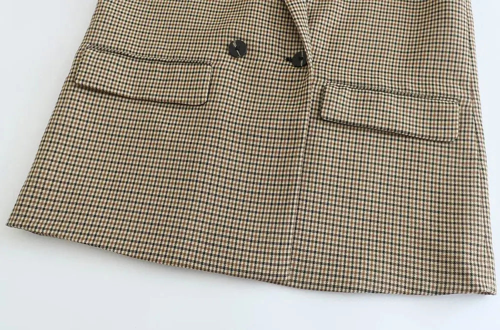 Women Fashion Double Breasted Plaid Blazer Coat Vintage Long Sleeve Flap Pockets Female Outerwear Chic Vestes Femme