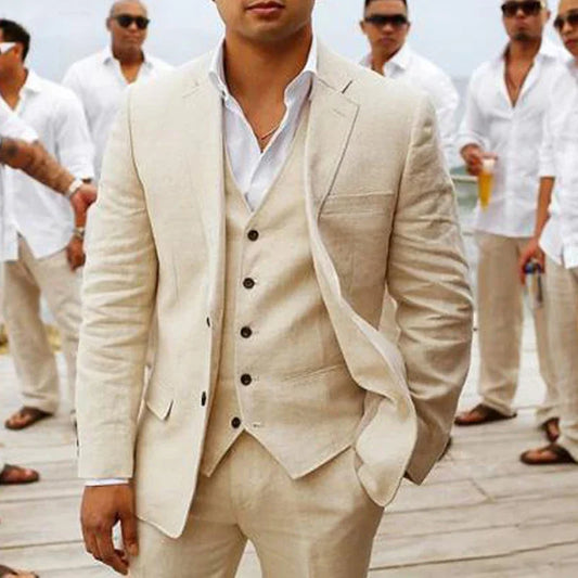 3 piece Beige Linen Wedding Tuxedo for Groomsmen Summer Man Suits with Notched Lapel Custom Casual Man Fashion Costume