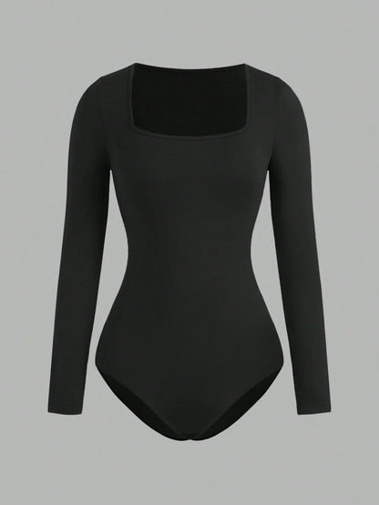 Women's Solid color Square Neck  Open Crotch One-Piece Bodysuit Long Sleeved Body  Lady Streetwear Female Warm Clothing