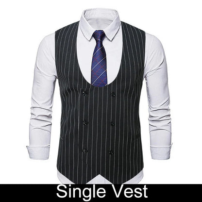 Man Suit Vest Vintage Striped Double-breasted Men Waistcoat British Style Slim Sleeveless Casual Versatile Male Vest