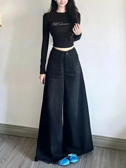 Wide Leg Jeans Women Denim Pants Vintage Straight Trousers Autumn Spring Fashion Female Black Casual Jeans Wide Leg Pants