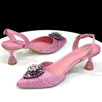 Blue Color Rhinestone Comfortable high heel shoe And Bag Fashion Style Pointed-Toe Shoes For Women Or Commuting Shoes