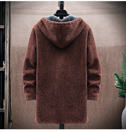 Men's Cardigan Cashmere Long Coat Sweaters with Hoods Autumn Winter New Fleece Warm Solid SweaterCoat Windbreaker Men Clothing