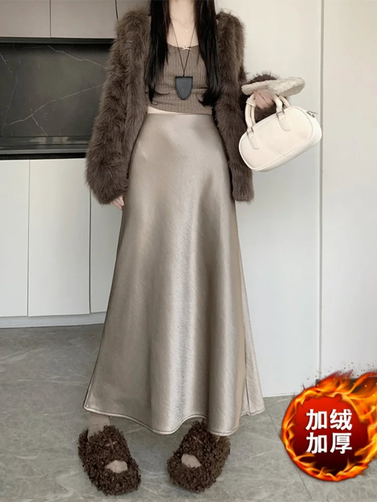 New Autumn Winter Solid Satin Silk Mermaid Skirt Women Fashion High Waist Office Ladies Work Warmth Party Long Maxi Skirt
