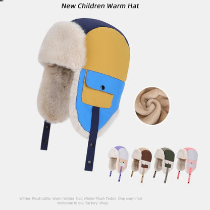Children Winter Hat Thick Warm Outside Snow Ski Earflap Cap Boys Girls Patchwork Russian Hat Windproof Trapper Bomber Hat