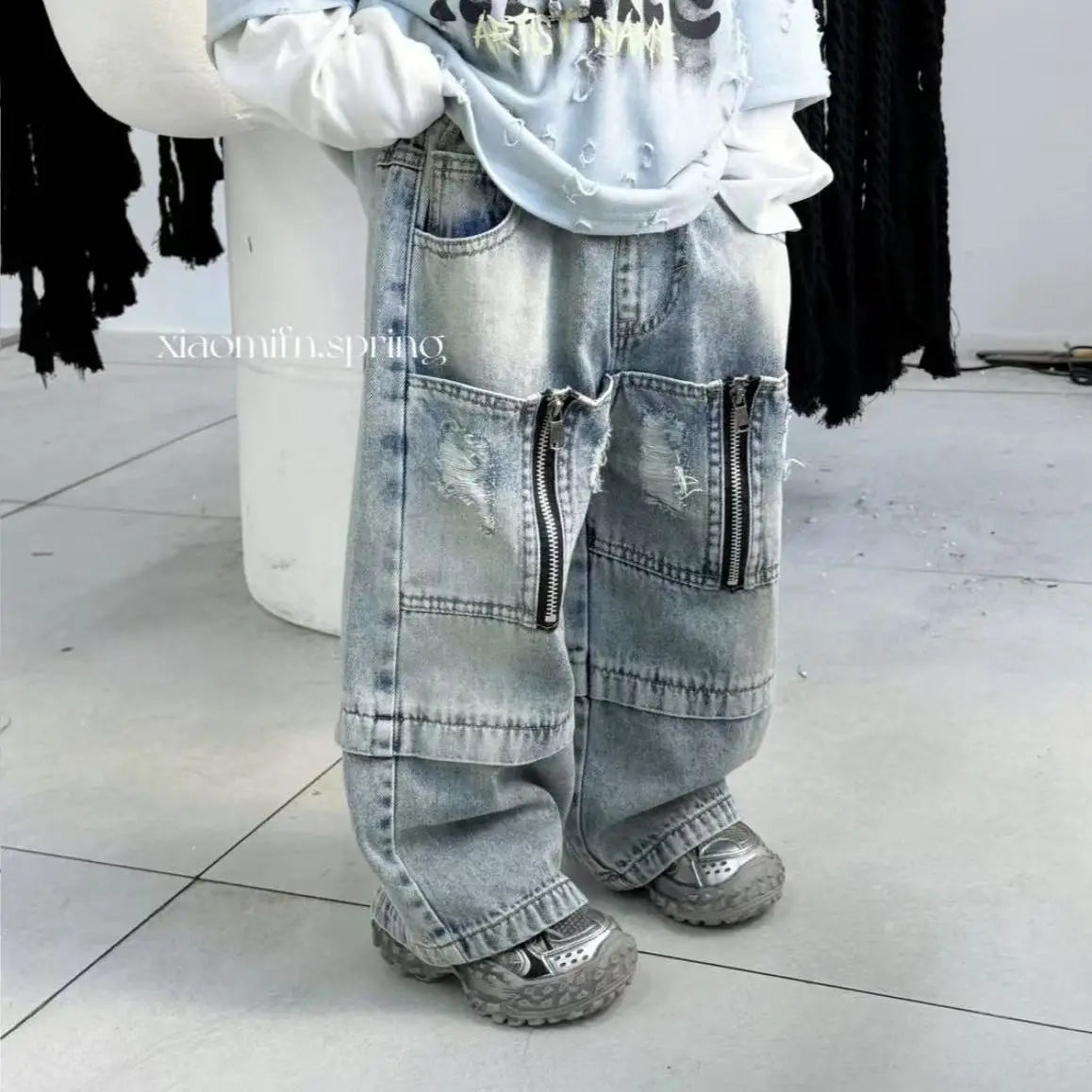 Korean Children's Clothes Suits Spring Autumn Baby Boy Costume Long Sleeved Hole T-shirt+Wide Leg Pants 2pcs Sets for Kids Boys