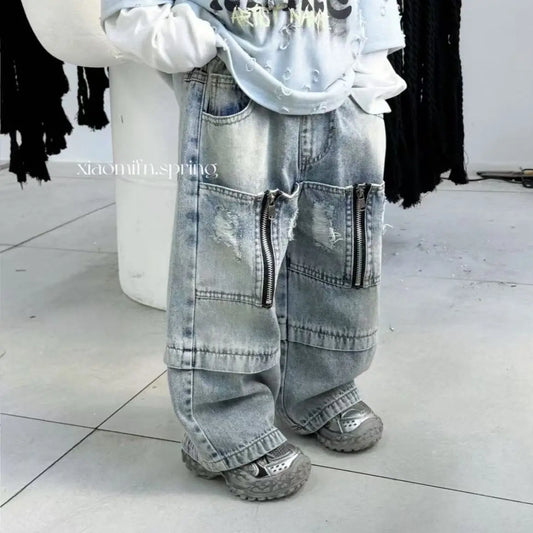 Korean Children's Clothes Suits Spring Autumn Baby Boy Costume Long Sleeved Hole T-shirt+Wide Leg Pants 2pcs Sets for Kids Boys