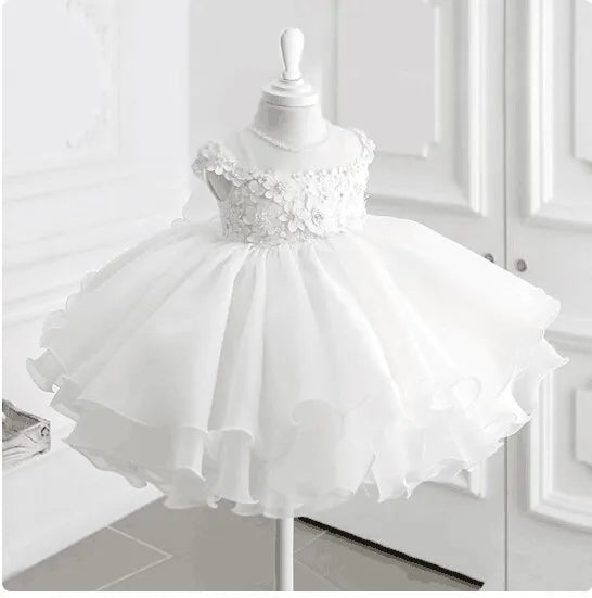 Children White Lace Tulle Dresses Evening Party Kids Sleeveless Ball Gowns 1st Birthday Baby Girl Princess Ceremonial Dress