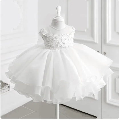 Children White Lace Tulle Dresses Evening Party Kids Sleeveless Ball Gowns 1st Birthday Baby Girl Princess Ceremonial Dress