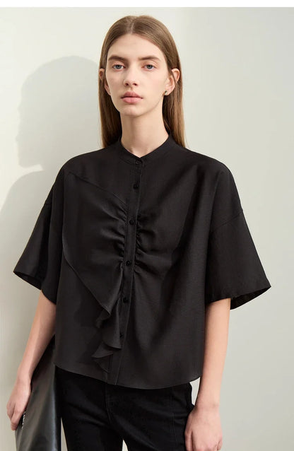 Minimalism 2025 Women Shirt Summer New Commuter Stand Collar Asymmetric Female Blouse Drop Shoulder Loose Tops 12422008