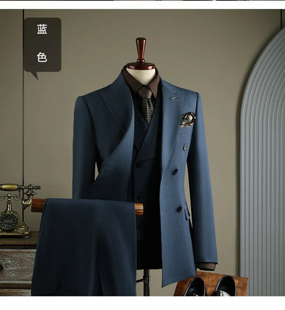 High Quality Mens Suit Formal Business Slim Fit Double-breasted Striped Suit Set Groom Wedding Dress Party Tuxedo Men's Clothing