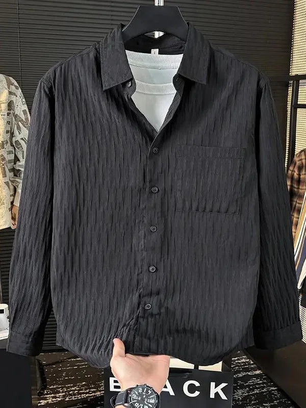 Casual Ice Silk Bubble Men's Anti-Wrinkle Summer Loose Fashionable Long Sleeve Shirt Urban Style Flip Collar Button Closure