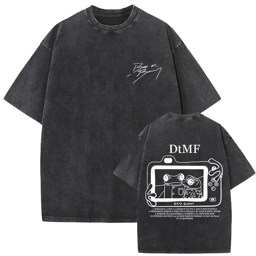 Rapper Bad Bunny Washed Vintage T-shirt Debi Tirar Mas Fotos DTMF World Tour 2026 T Shirts Men Women Fashion Hip Hop T-shirts