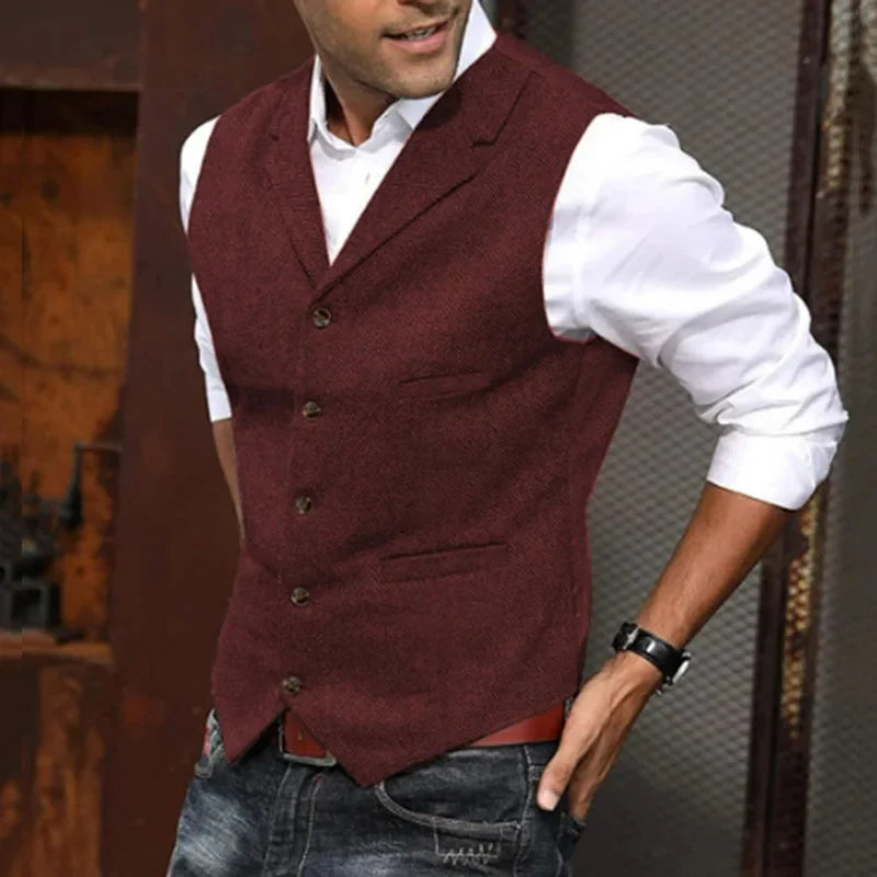 New Plus Men's Herringbone Tweed Wool Suit Vest British Retro Lapel Single Breasted Waistcoat Male Boutique Slim Fit Dress Vests