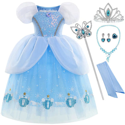 Princess Cinderella Girls Cosplay Cinderella Blue Short Sleeves Costume Kid Halloween Birthday Party Dress + Sleeves Suit