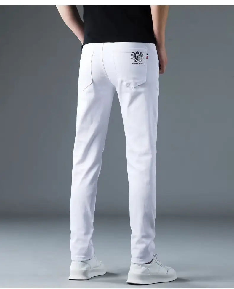 Korean Man Designer Clothes 2025 White Jeans Men Spring Autumn Printed Students Slim Stretch Pencil Pants Workwear Long Trousers