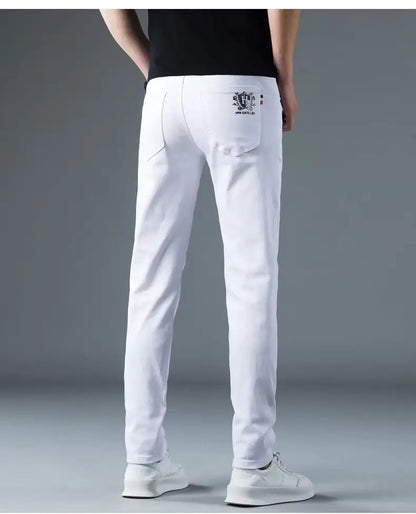 Korean Man Designer Clothes 2025 White Jeans Men Spring Autumn Printed Students Slim Stretch Pencil Pants Workwear Long Trousers