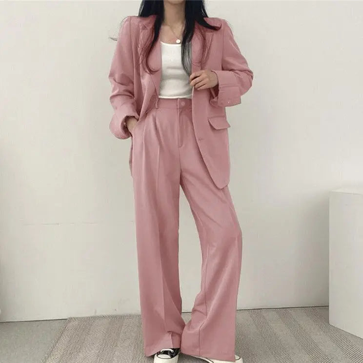 Casual Notch Lapel Suit Set with Button Thick Wide Leg Small Suit Pants High Waist Drape Polyester Business Lady Style Women