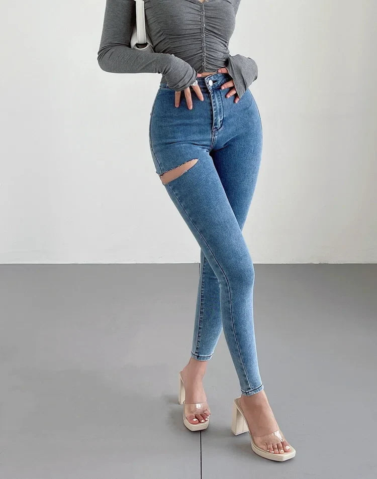American Spicy Girls Sexy Hole Jeans Slim High Waist Elastic Feet Pencil Pants Trousers Fashion Women BOF8