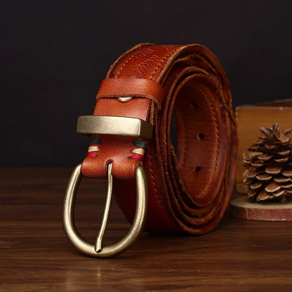 3.5CM High Quality Belt Men's Genuine Leather Top Layer Pure Cowhide Brass Buckle Jeans Vintage Strap Male Jeans for Man Luxury