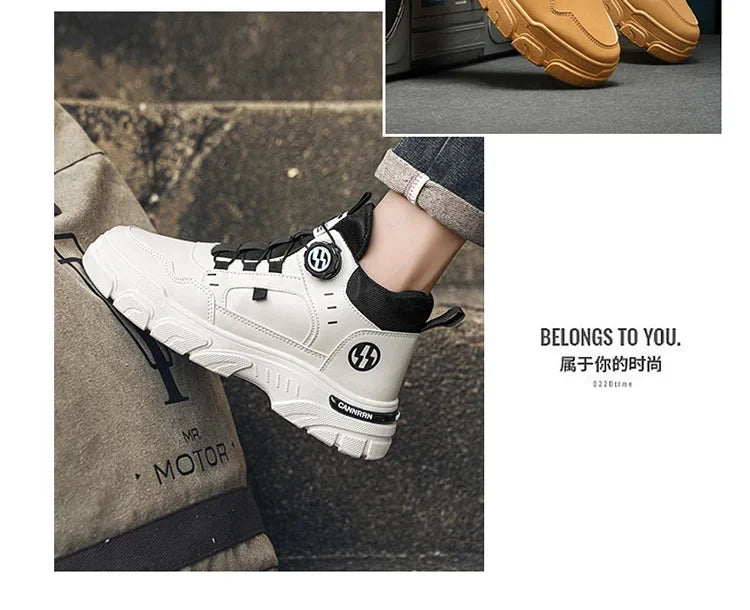 Autumn Men's Sneakers New Breathable Workwear Shoes Trendy Thick Soled Shoes Anti Slip White Casual Skateboard Shoes Ankle Boots
